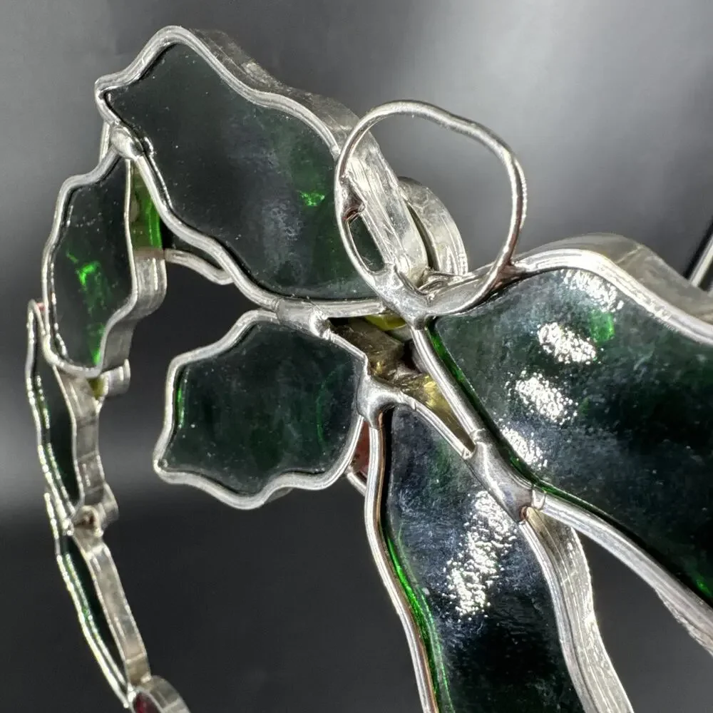 Stained Glass Holly and Berry Christmas Wreath Sun Catcher Holiday Window Decor